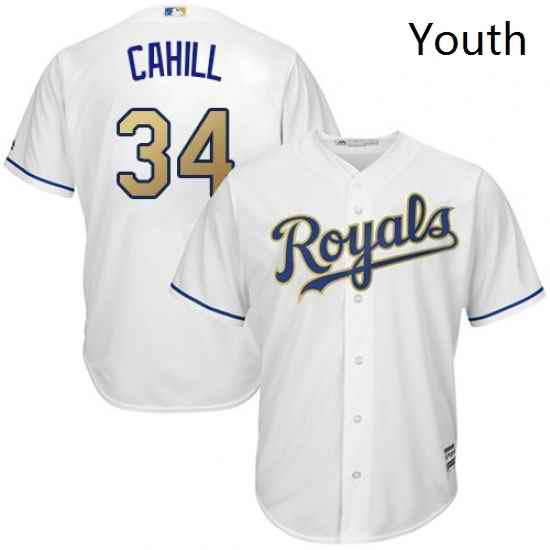 Youth Majestic Kansas City Royals 34 Trevor Cahill Authentic White Home Cool Base MLB Jersey